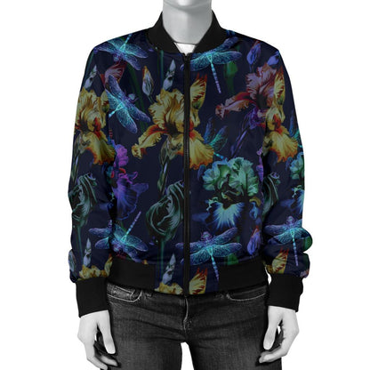 Dragonfly With Floral Print Pattern Women Casual Bomber Jacket