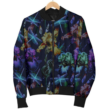 Dragonfly With Floral Print Pattern Women Casual Bomber Jacket
