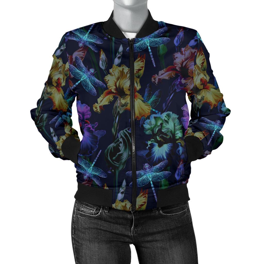 Dragonfly With Floral Print Pattern Women Casual Bomber Jacket