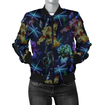 Dragonfly With Floral Print Pattern Women Casual Bomber Jacket