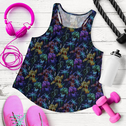 Dragonfly With Floral Print Pattern Women Racerback Tank Top