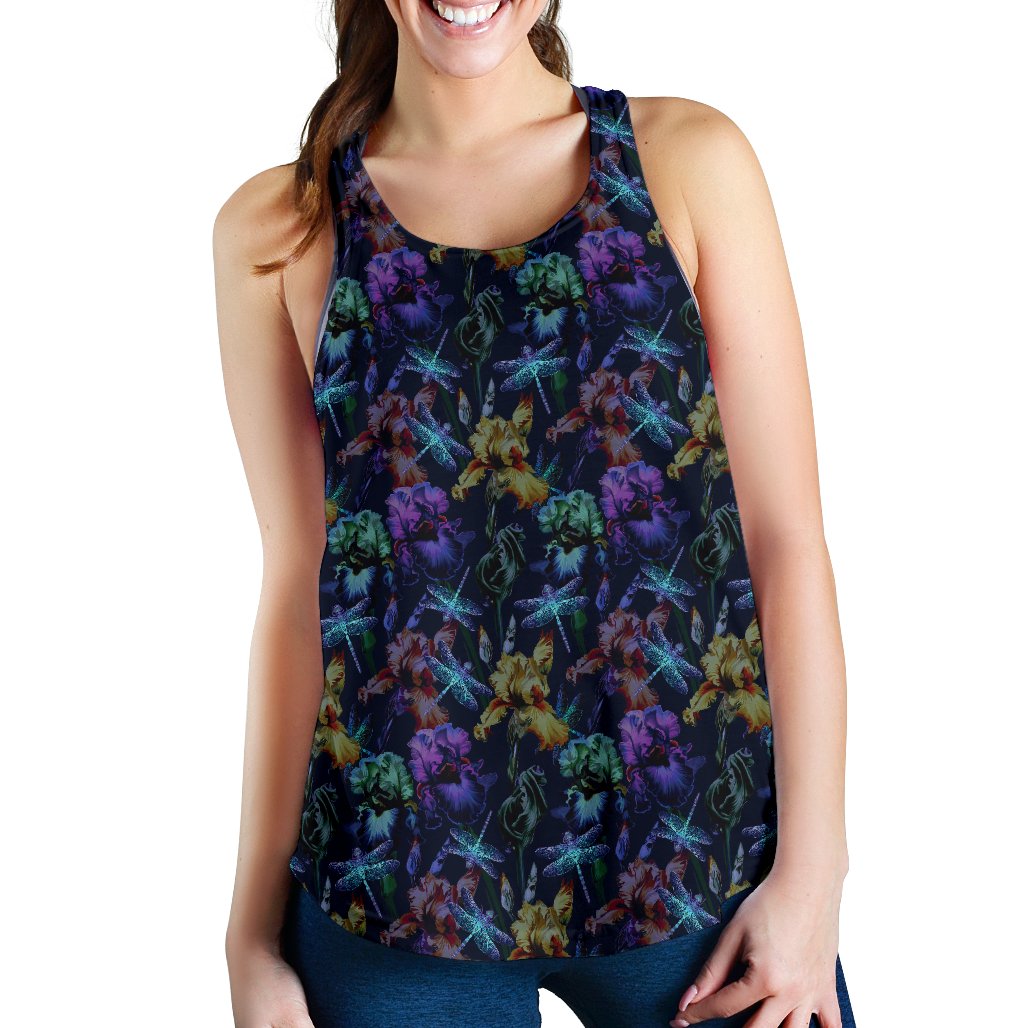 Dragonfly With Floral Print Pattern Women Racerback Tank Top