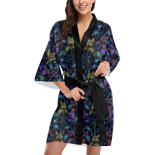 Dragonfly With Floral Print Pattern Women Short Kimono Robe