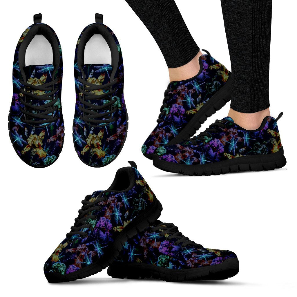 Dragonfly With Floral Print Pattern Women Sneakers Shoes
