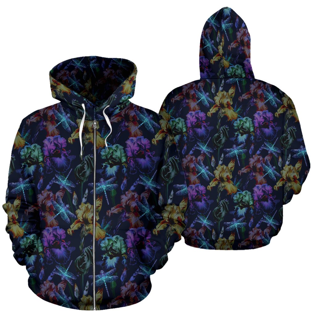 Dragonfly with Floral Print Pattern Zip Up Hoodie