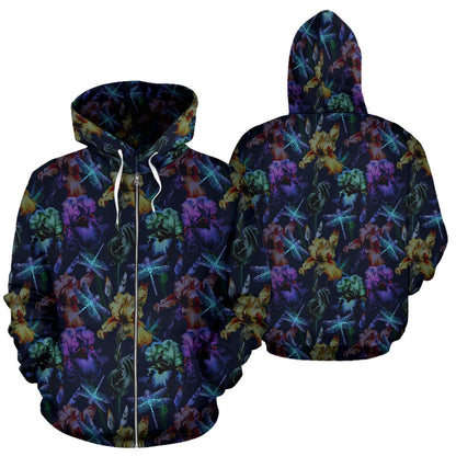 Dragonfly with Floral Print Pattern Zip Up Hoodie