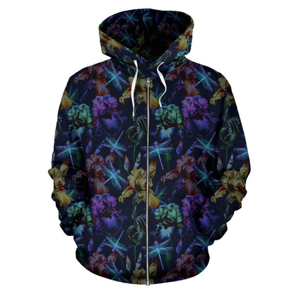 Dragonfly with Floral Print Pattern Zip Up Hoodie