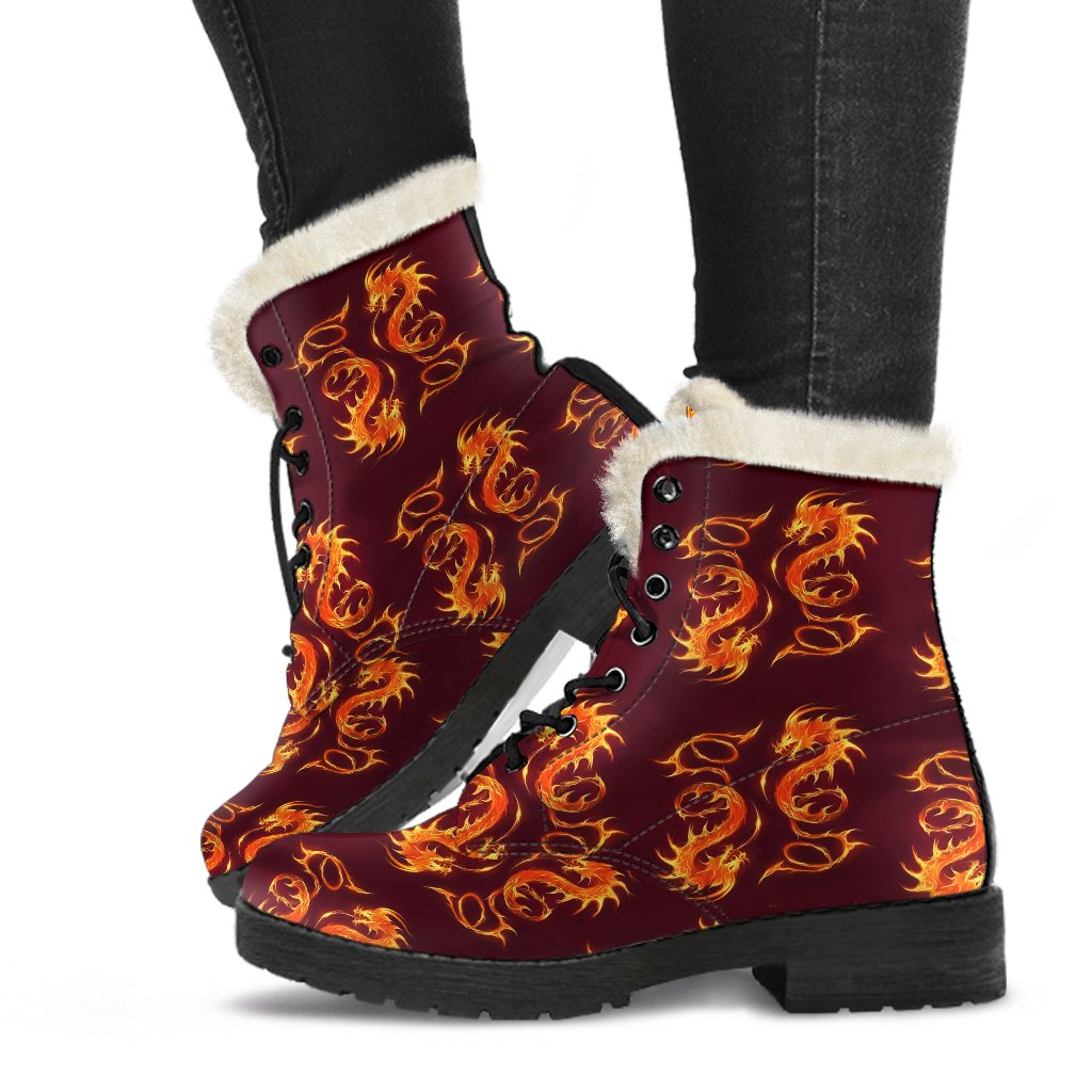 Dragons Fire Design Faux Fur Leather Boots-JTAMIGO.COM