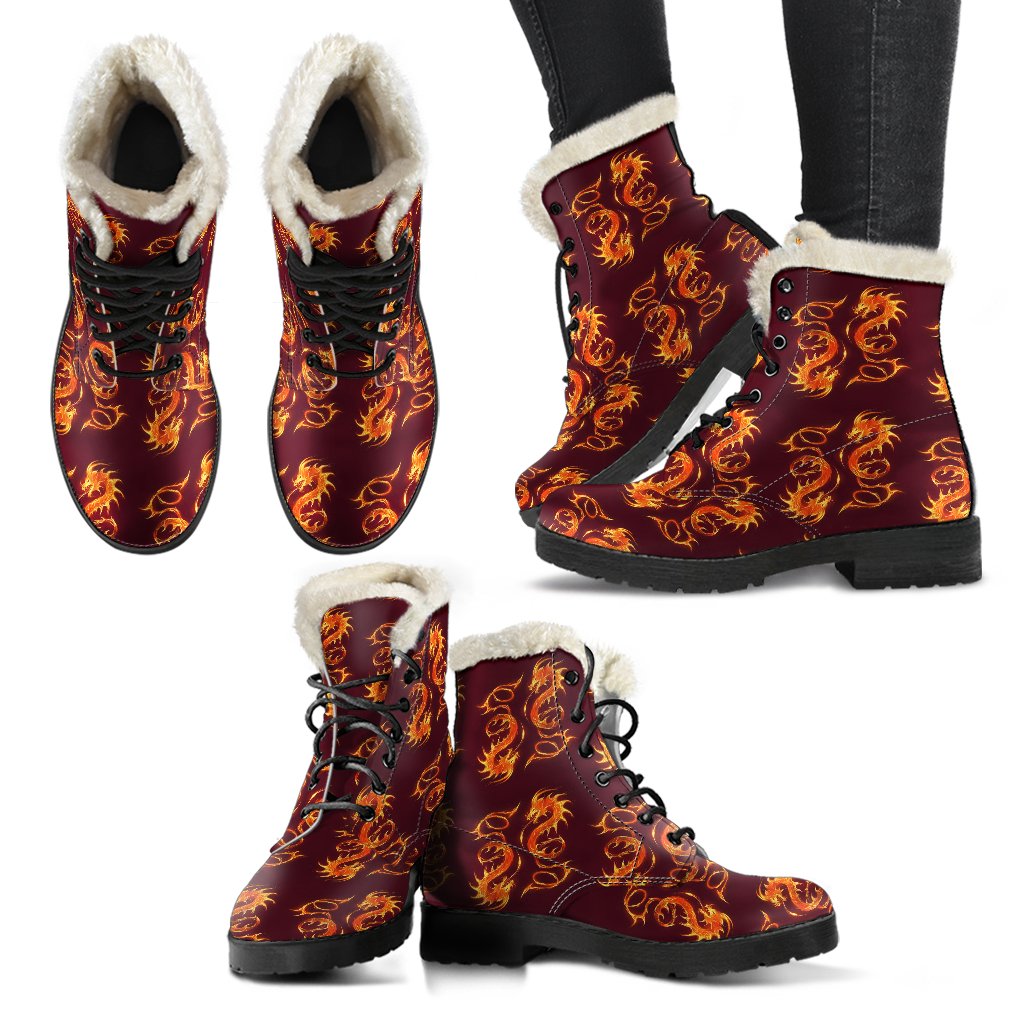 Dragons Fire Design Faux Fur Leather Boots-JTAMIGO.COM