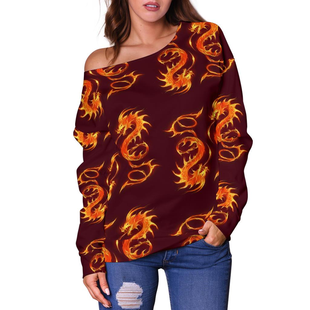 Dragons Fire Design Off Shoulder Sweatshirt
