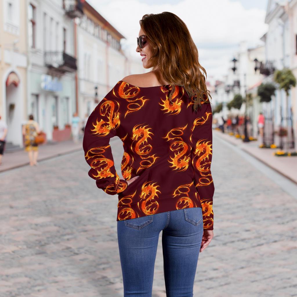 Dragons Fire Design Off Shoulder Sweatshirt