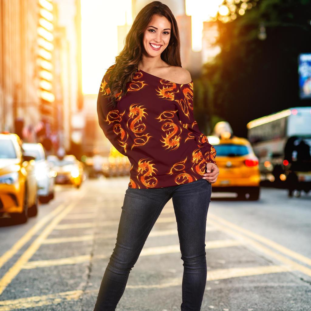 Dragons Fire Design Off Shoulder Sweatshirt