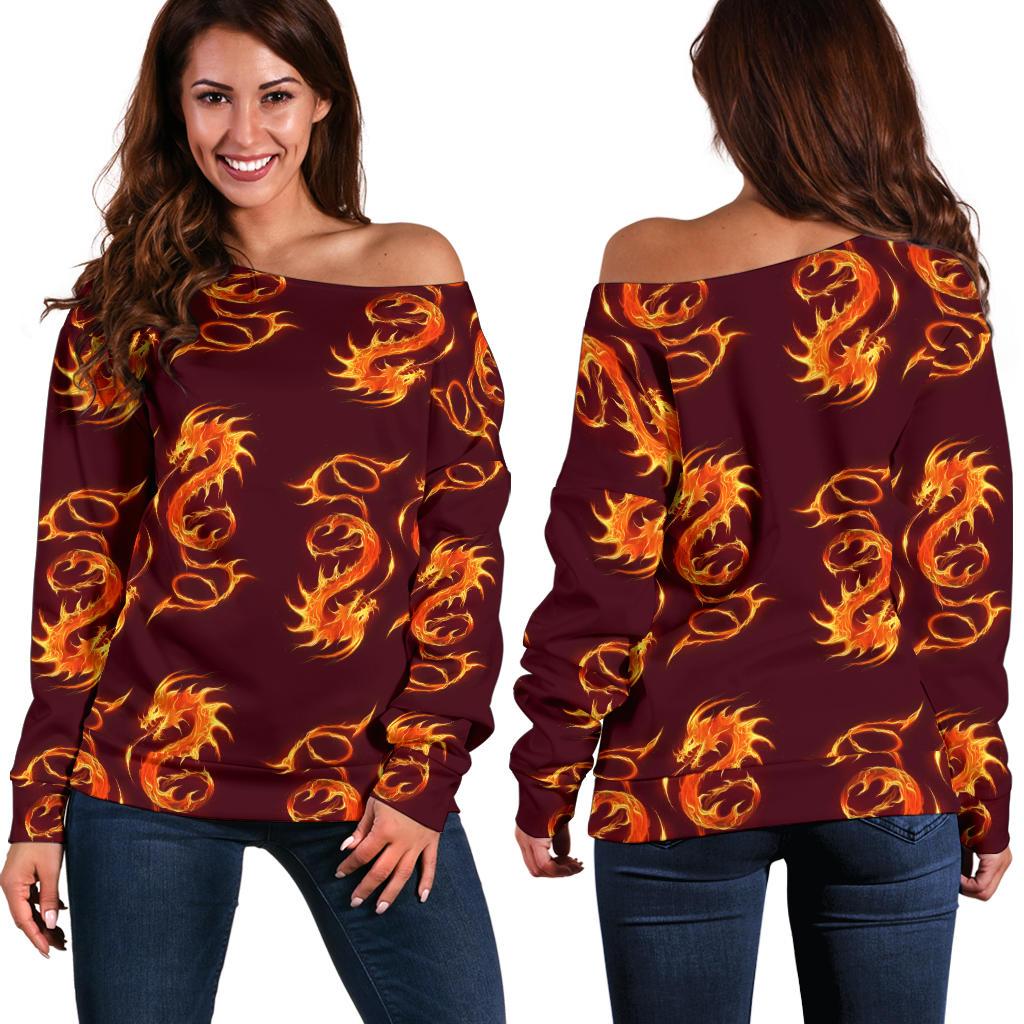 Dragons Fire Design Off Shoulder Sweatshirt