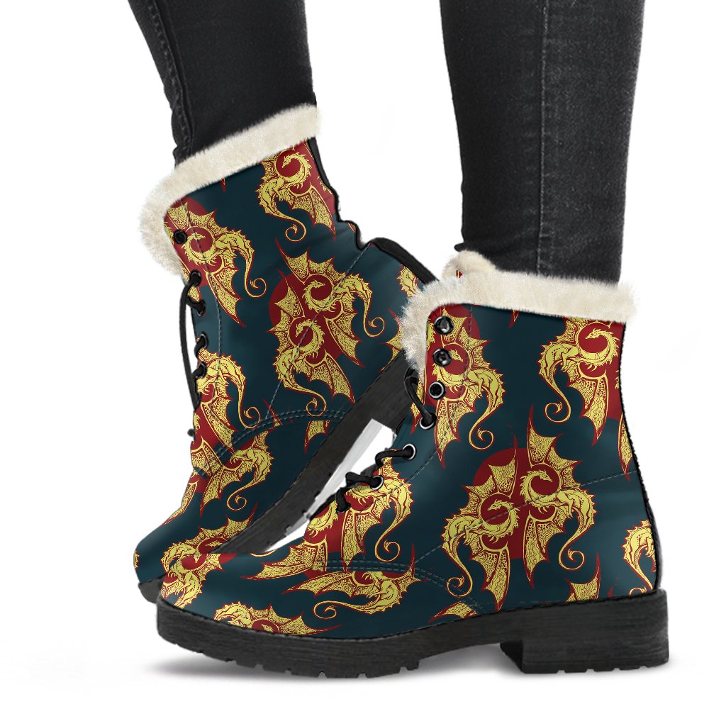 Dragons Gold Design Pattern Faux Fur Leather Boots-JTAMIGO.COM