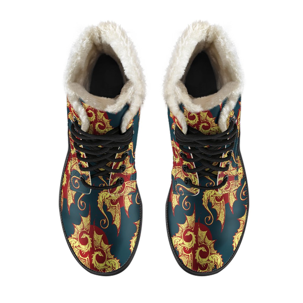 Dragons Gold Design Pattern Faux Fur Leather Boots-JTAMIGO.COM