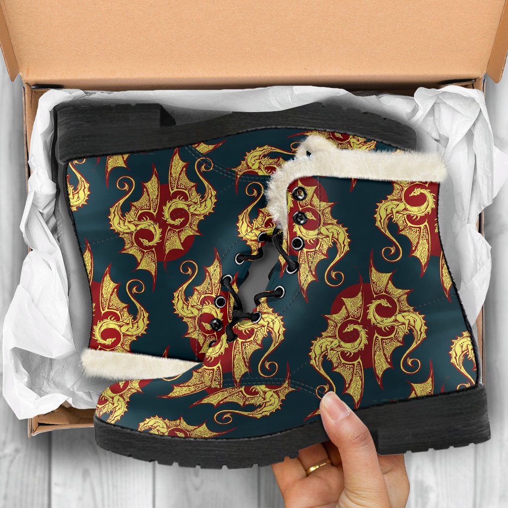 Dragons Gold Design Pattern Faux Fur Leather Boots-JTAMIGO.COM