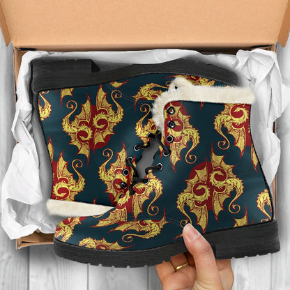 Dragons Gold Design Pattern Faux Fur Leather Boots-JTAMIGO.COM