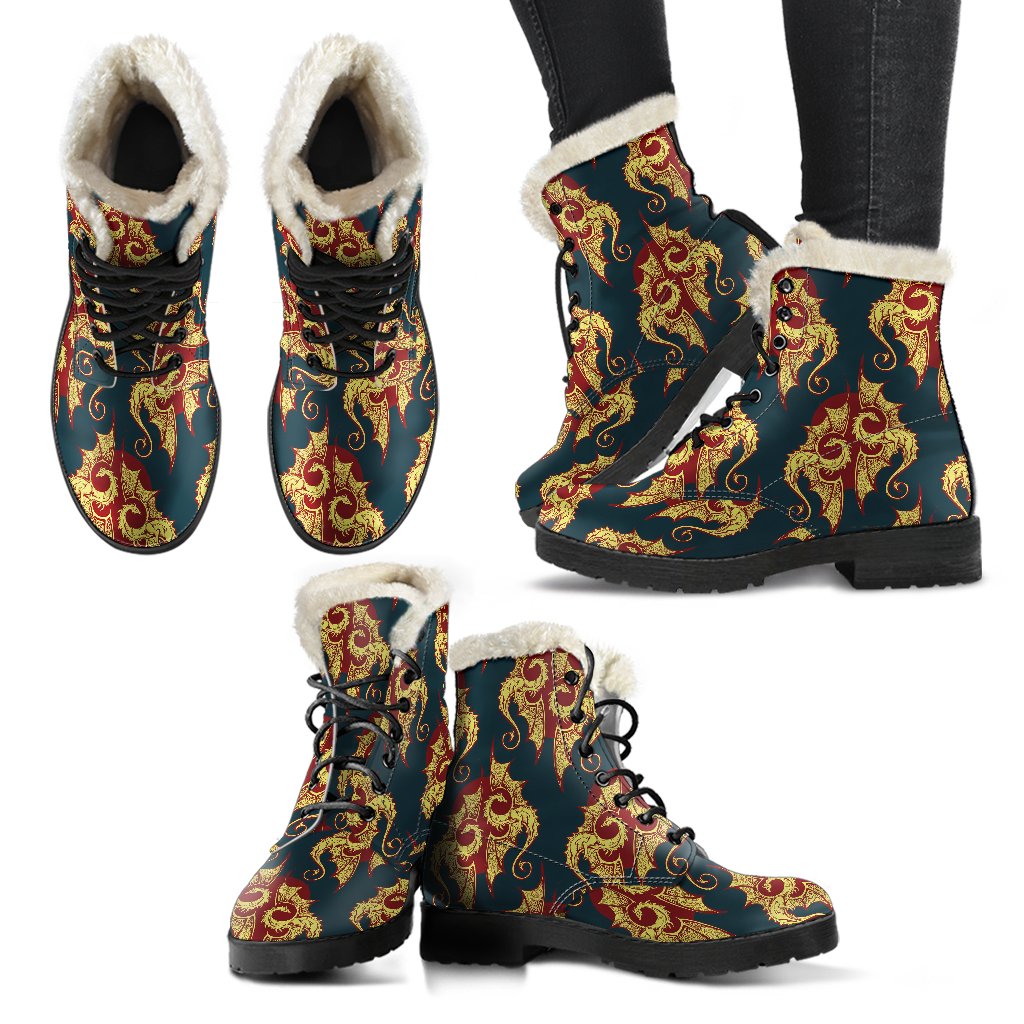 Dragons Gold Design Pattern Faux Fur Leather Boots-JTAMIGO.COM
