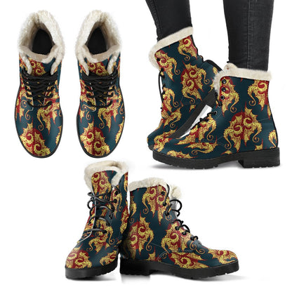 Dragons Gold Design Pattern Faux Fur Leather Boots-JTAMIGO.COM