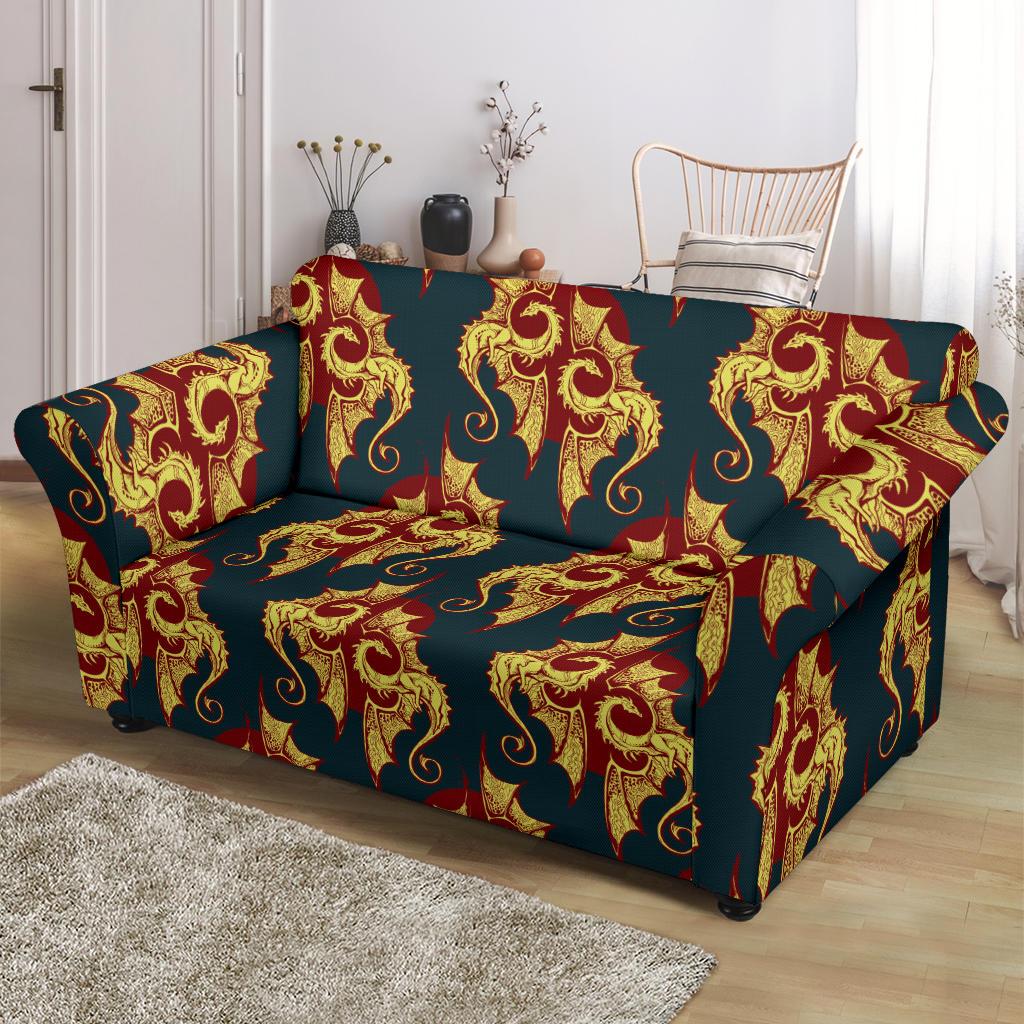 Dragons Gold Design Pattern Loveseat Slipcover-JTAMIGO.COM