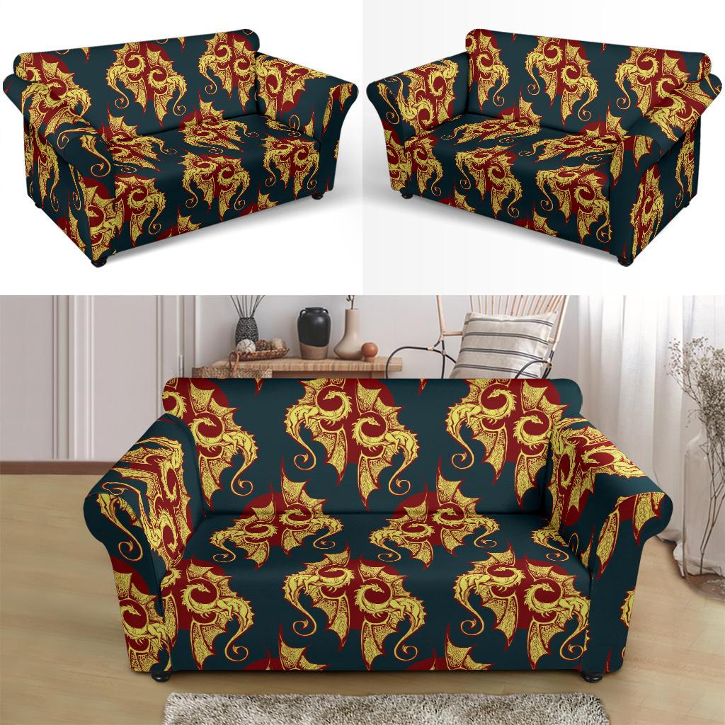 Dragons Gold Design Pattern Loveseat Slipcover-JTAMIGO.COM