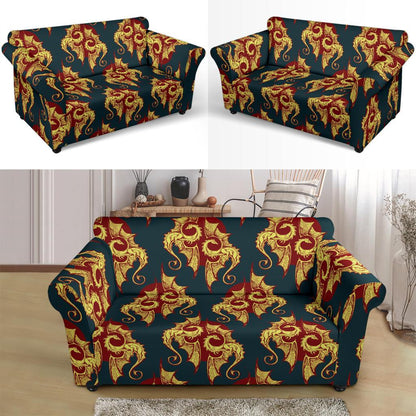 Dragons Gold Design Pattern Loveseat Slipcover-JTAMIGO.COM