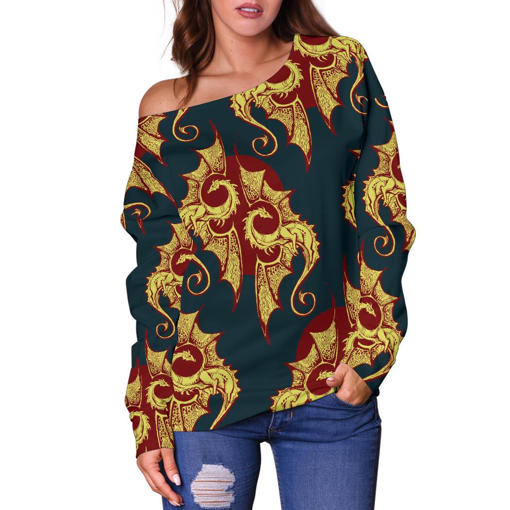 Dragons Gold Design Pattern Off Shoulder Sweatshirt