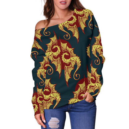 Dragons Gold Design Pattern Off Shoulder Sweatshirt