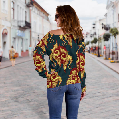 Dragons Gold Design Pattern Off Shoulder Sweatshirt