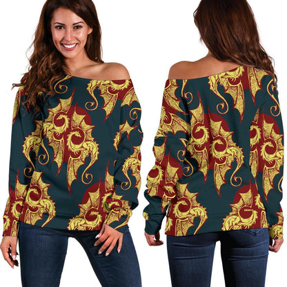 Dragons Gold Design Pattern Off Shoulder Sweatshirt