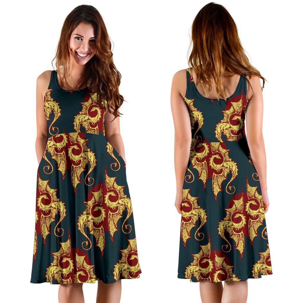 Dragons Gold Design Pattern Sleeveless Dress