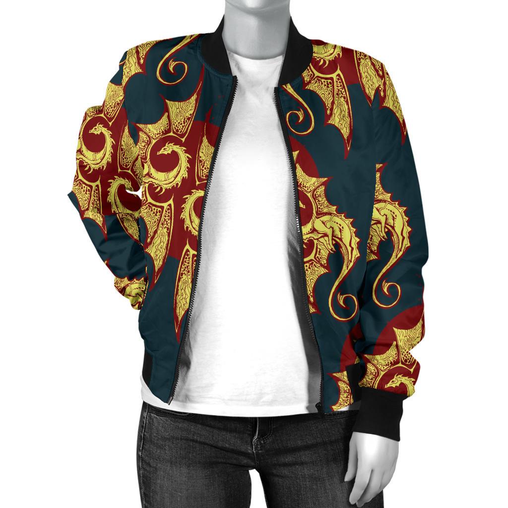 Dragons Gold Design Pattern Women Casual Bomber Jacket