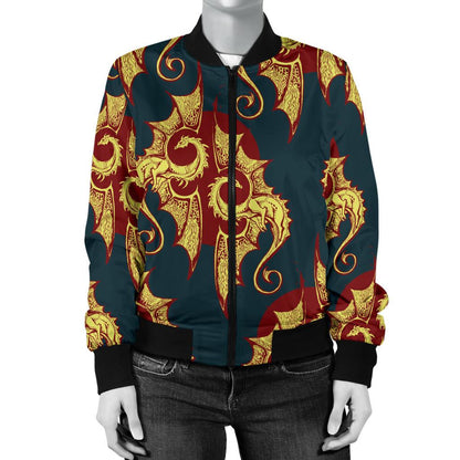Dragons Gold Design Pattern Women Casual Bomber Jacket