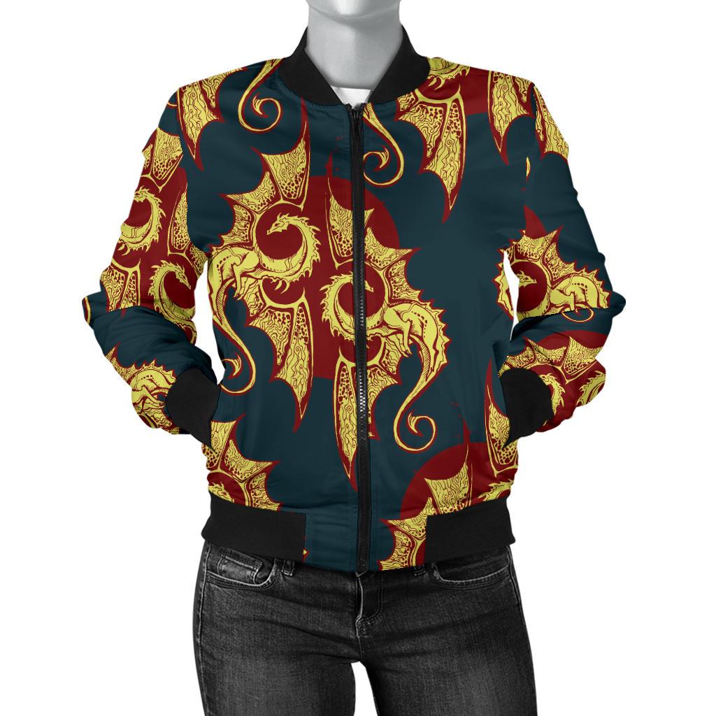 Dragons Gold Design Pattern Women Casual Bomber Jacket