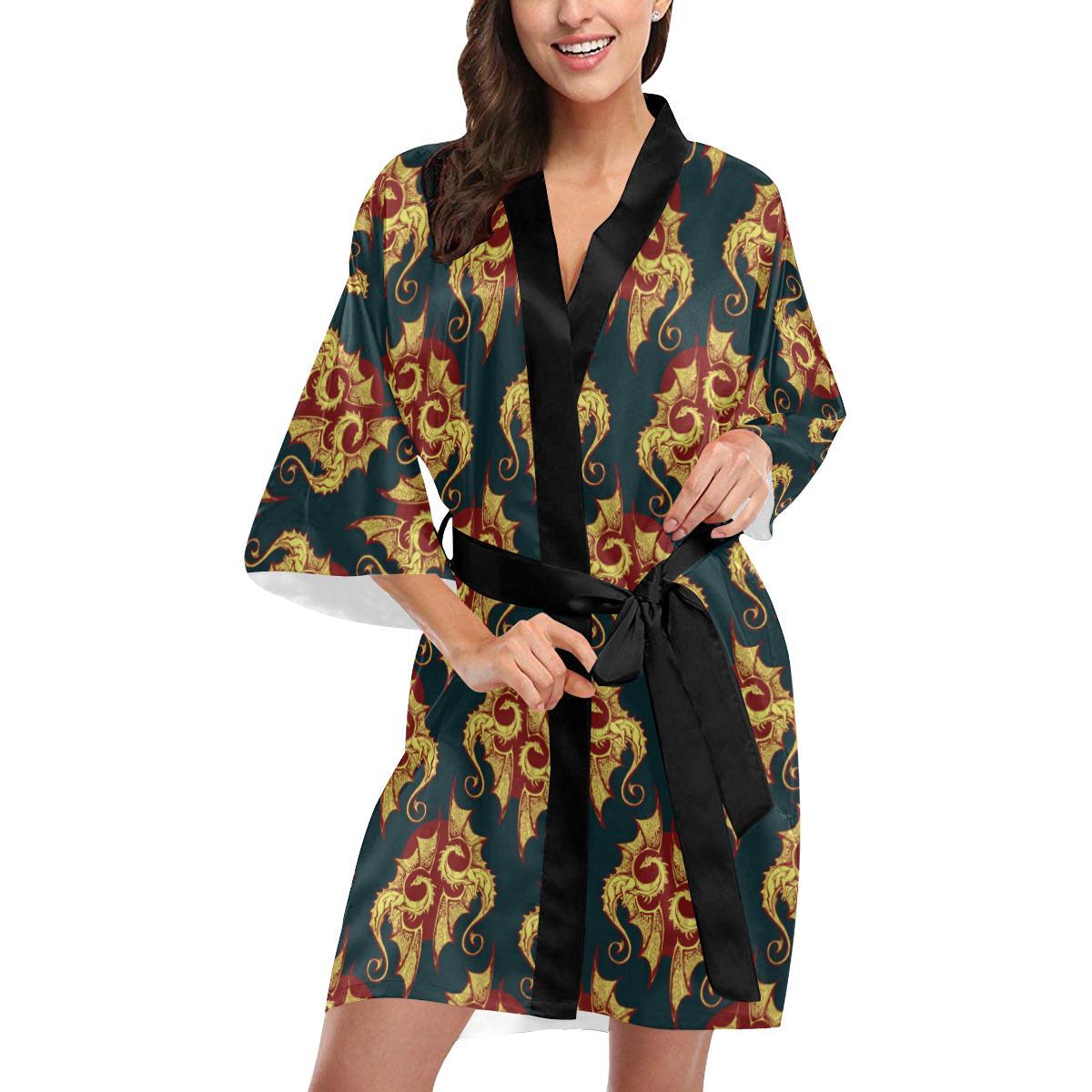 Dragons Gold Design Pattern Women Short Kimono Robe
