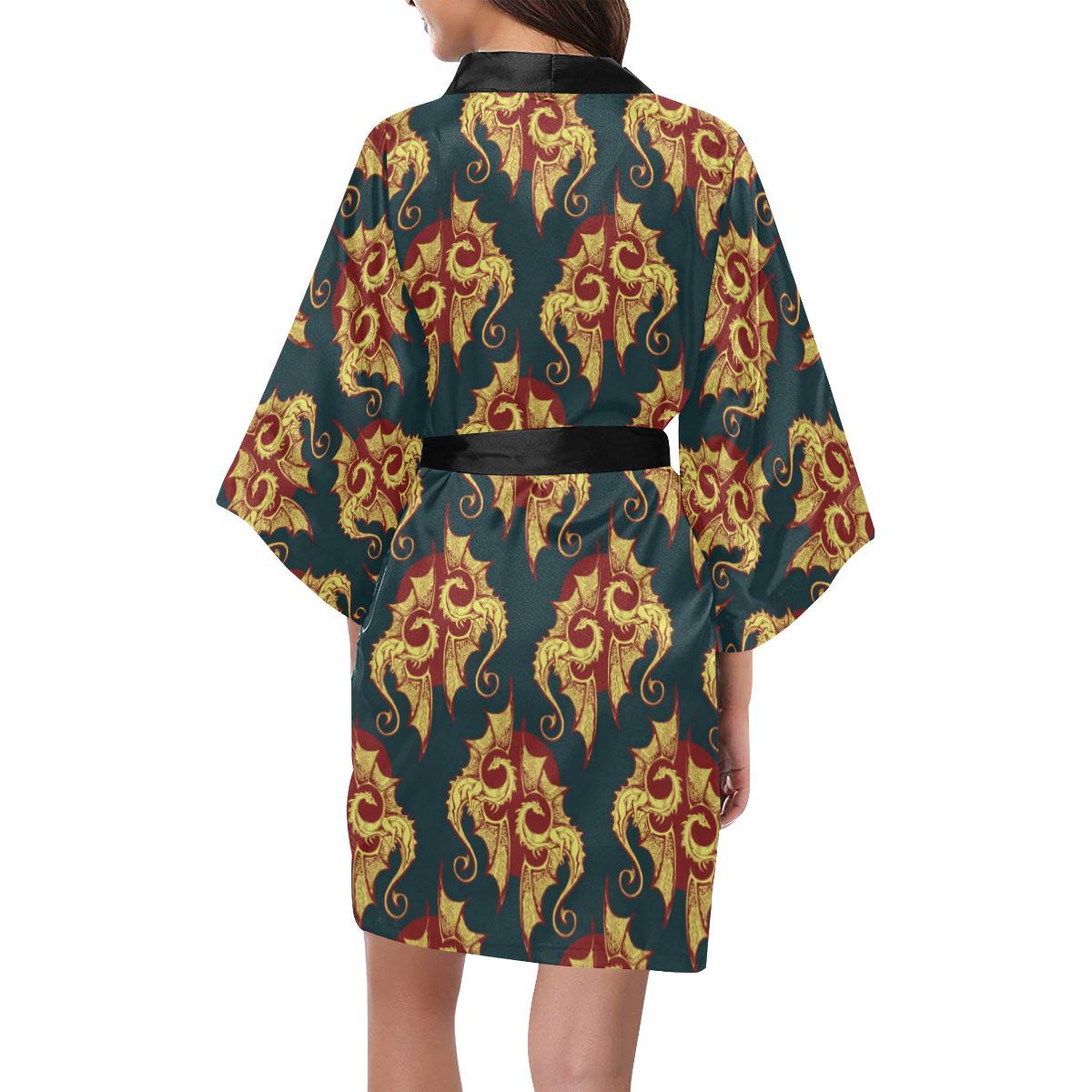 Dragons Gold Design Pattern Women Short Kimono Robe