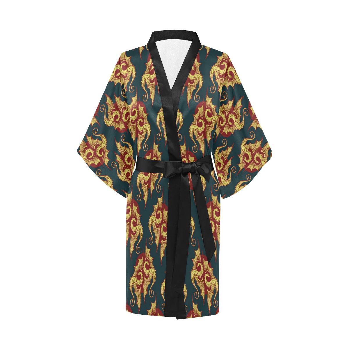 Dragons Gold Design Pattern Women Short Kimono Robe