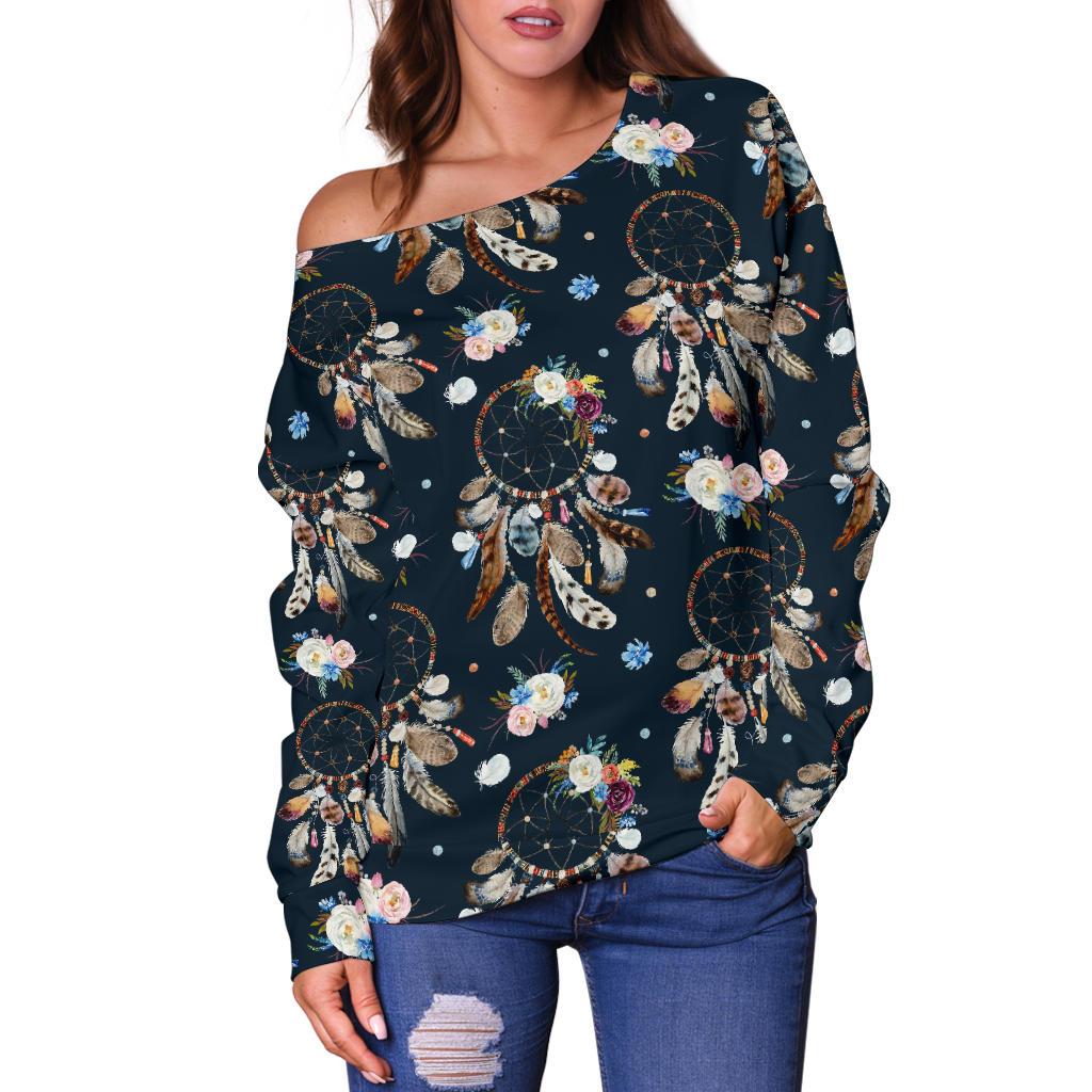 Dream Catcher Boho Floral Style Off Shoulder Sweatshirt