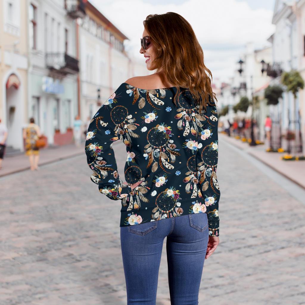 Dream Catcher Boho Floral Style Off Shoulder Sweatshirt
