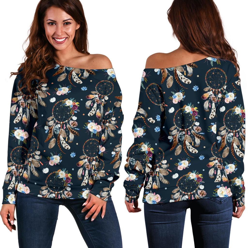 Dream Catcher Boho Floral Style Off Shoulder Sweatshirt