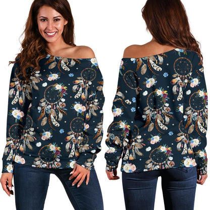 Dream Catcher Boho Floral Style Off Shoulder Sweatshirt