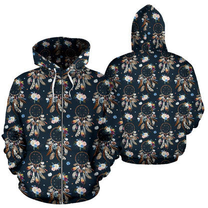 Dream Catcher Boho Floral Style Zip Up Hoodie