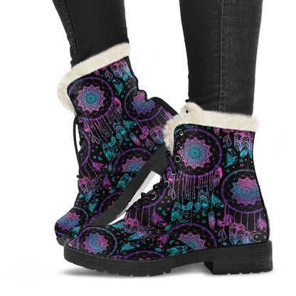 Dream catcher boho mandala Faux Fur Leather Boots-JTAMIGO.COM