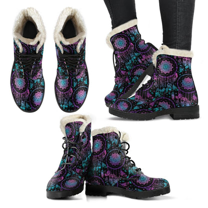 Dream catcher boho mandala Faux Fur Leather Boots-JTAMIGO.COM