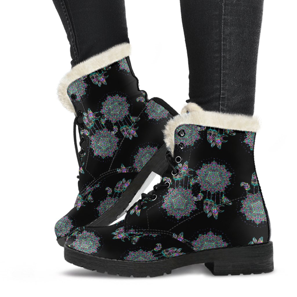 Dream Catcher Colorful Hand Draw Faux Fur Leather Boots-JTAMIGO.COM