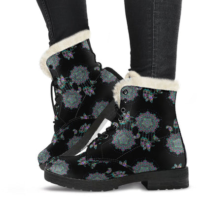 Dream Catcher Colorful Hand Draw Faux Fur Leather Boots-JTAMIGO.COM
