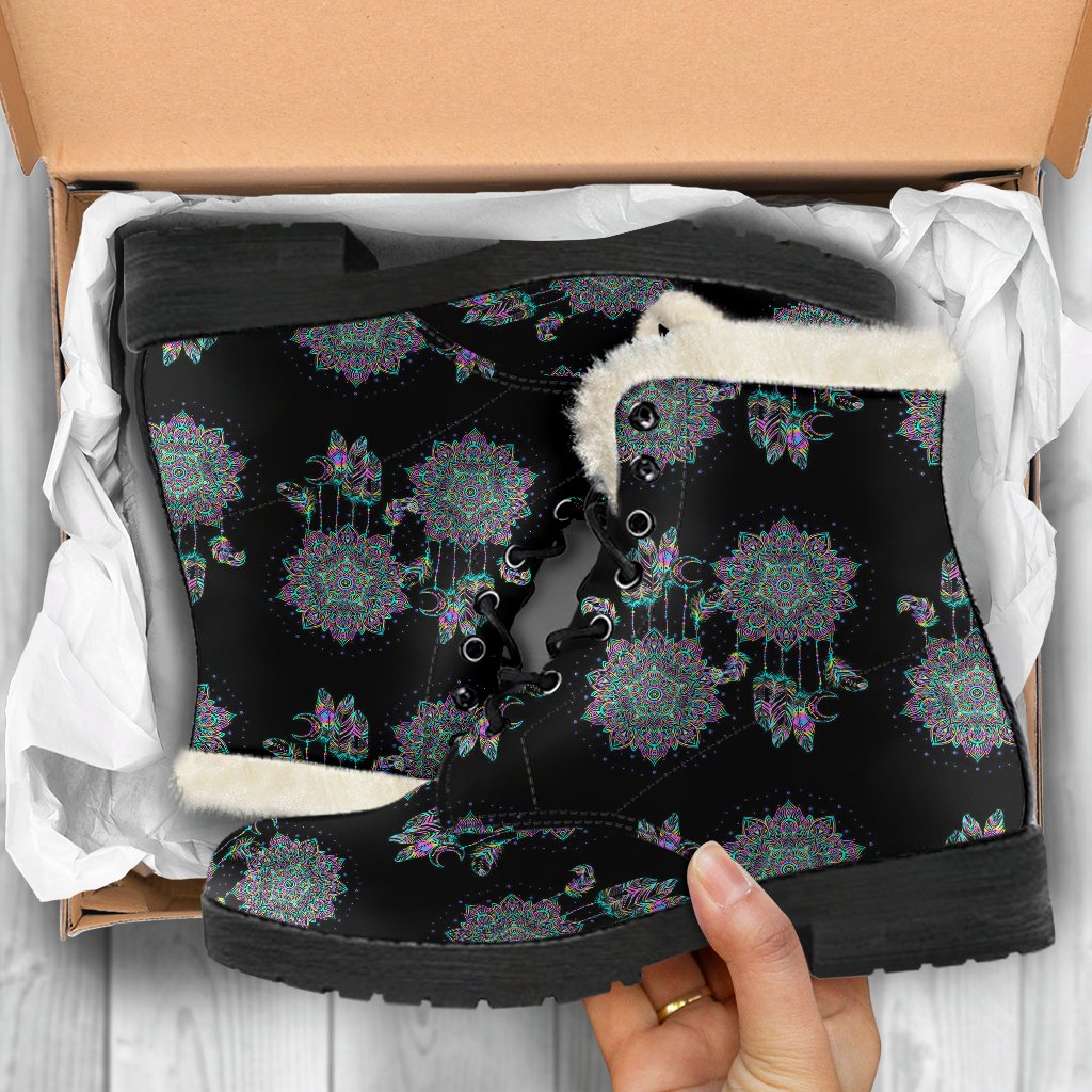 Dream Catcher Colorful Hand Draw Faux Fur Leather Boots-JTAMIGO.COM