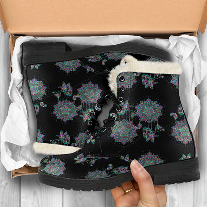 Dream Catcher Colorful Hand Draw Faux Fur Leather Boots-JTAMIGO.COM