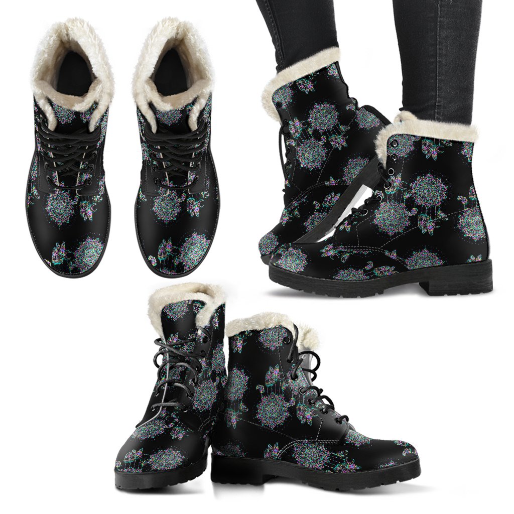 Dream Catcher Colorful Hand Draw Faux Fur Leather Boots-JTAMIGO.COM