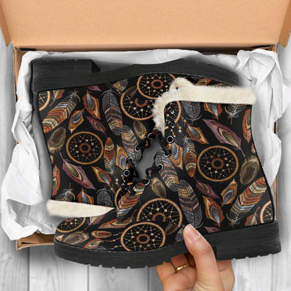 Dream catcher embroidered style Faux Fur Leather Boots-JTAMIGO.COM